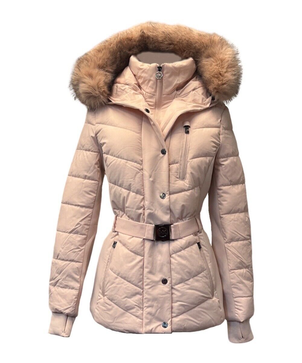Pre-owned Michael Michael Kors Women Scuba Belted Hood Faux Fur Coat Jacket Blush Pink M