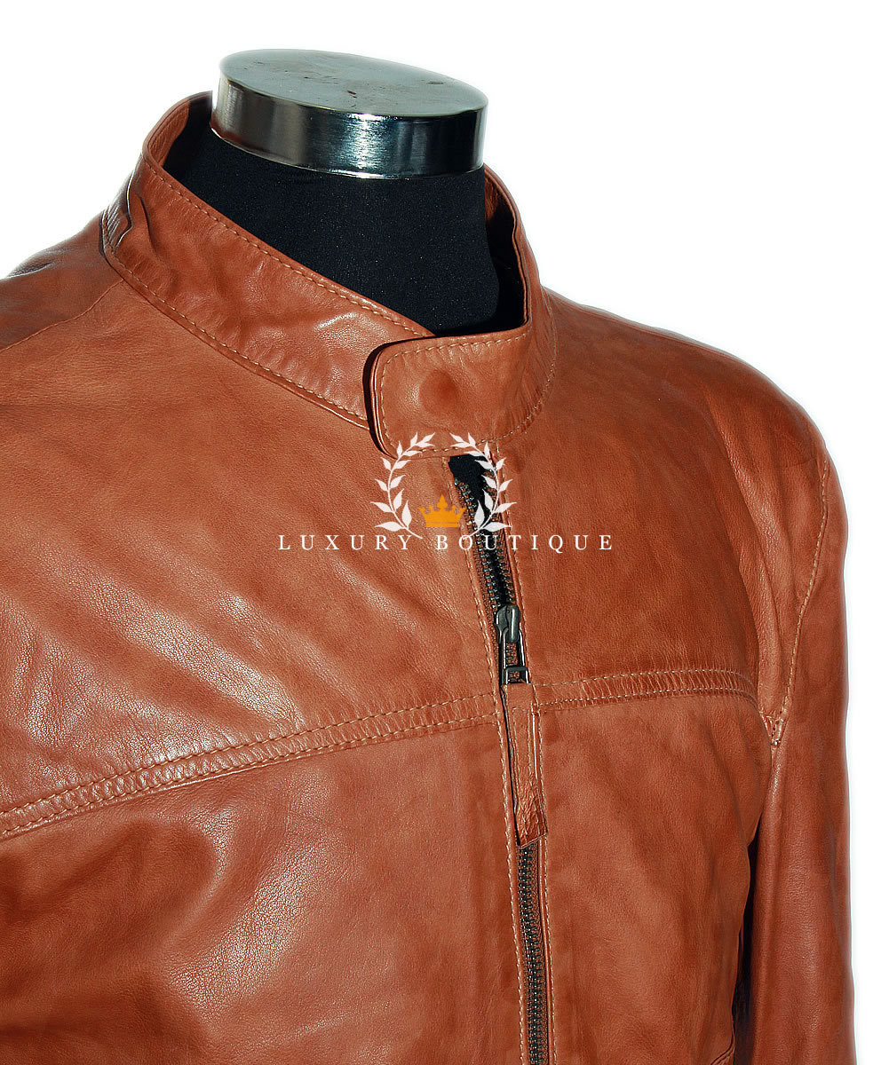 L.B CHRISTOPHER HELLBRAUN HERREN SMART DESIGNER ECHT GEWACHST LAMMLEDER MODE JACKE