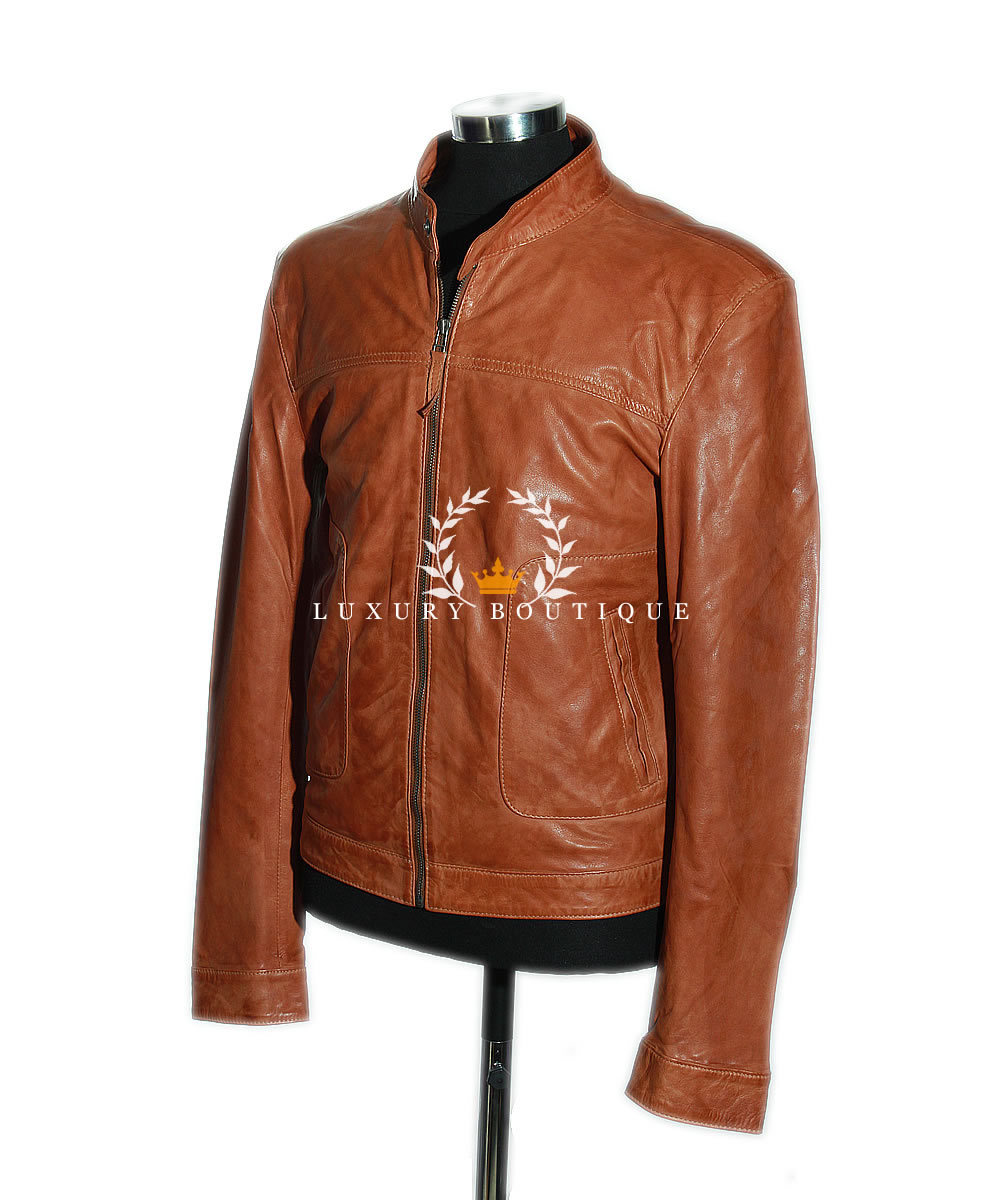 L.B CHRISTOPHER HELLBRAUN HERREN SMART DESIGNER ECHT GEWACHST LAMMLEDER MODE JACKE