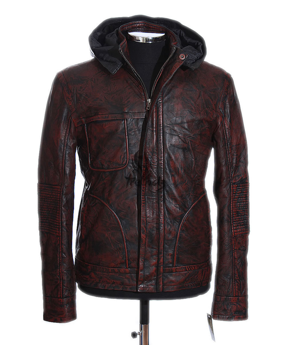 Men/'s GHOST PROTOCOL Black Biker Style New Hooded Crunch Lambskin Leather Jacket