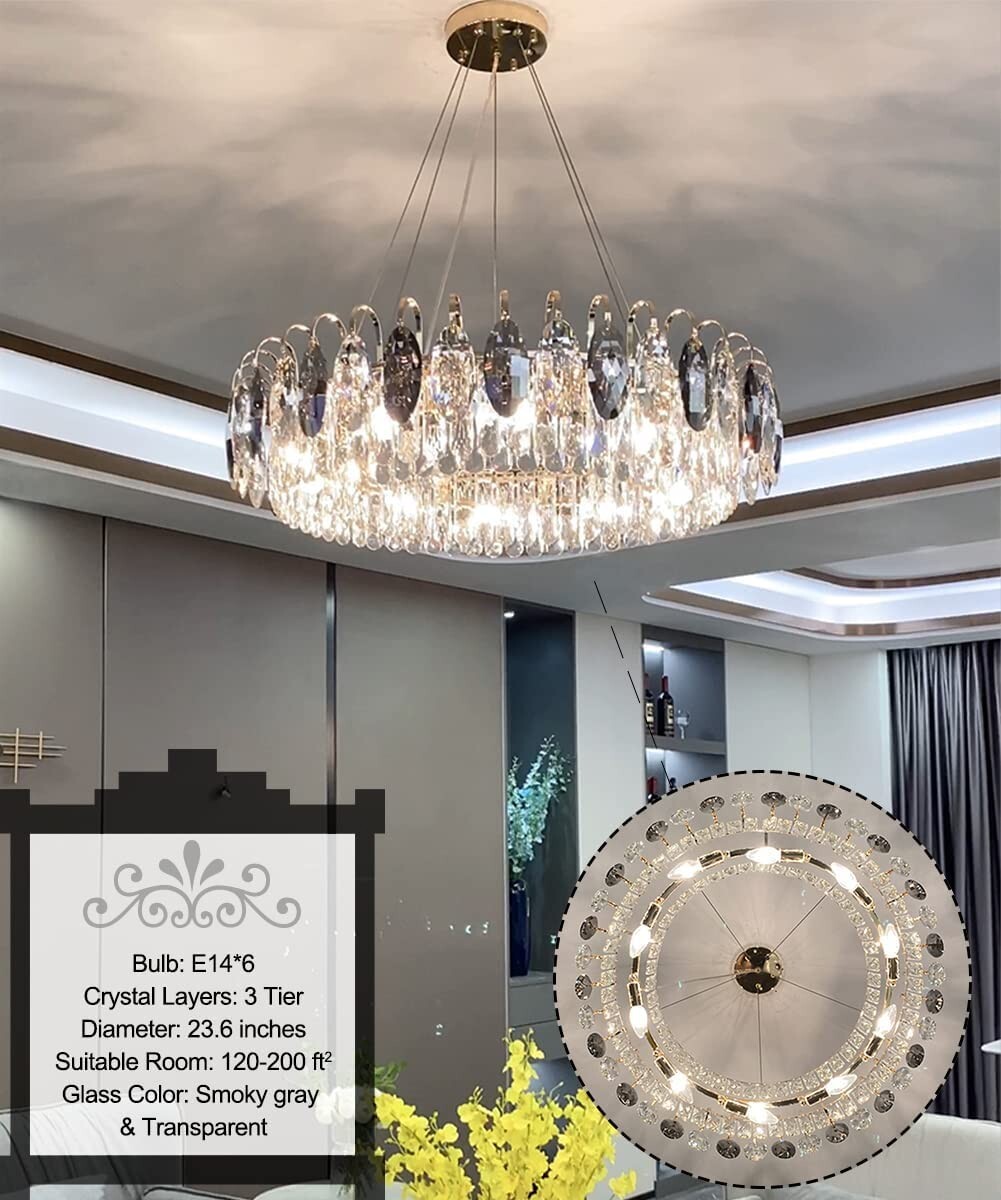 Modern 6-Light Crystal Chandelier Round Pendant Lamp Adjustable Ceiliing Fixture