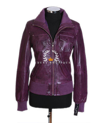 L.B Pre-owned Brooklyn Purple Ladies Women's Smart Casual Real Lambskin Bomber Leather Jacket
