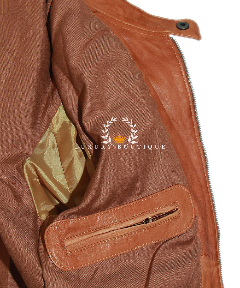 L.B CHRISTOPHER HELLBRAUN HERREN SMART DESIGNER ECHT GEWACHST LAMMLEDER MODE JACKE