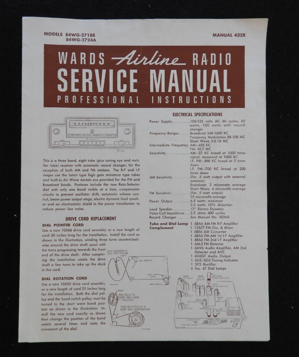 1940's Montgomery Wards Airline Console AM/SW Radio 84WG-2718B 84WG-2724A MANUAL