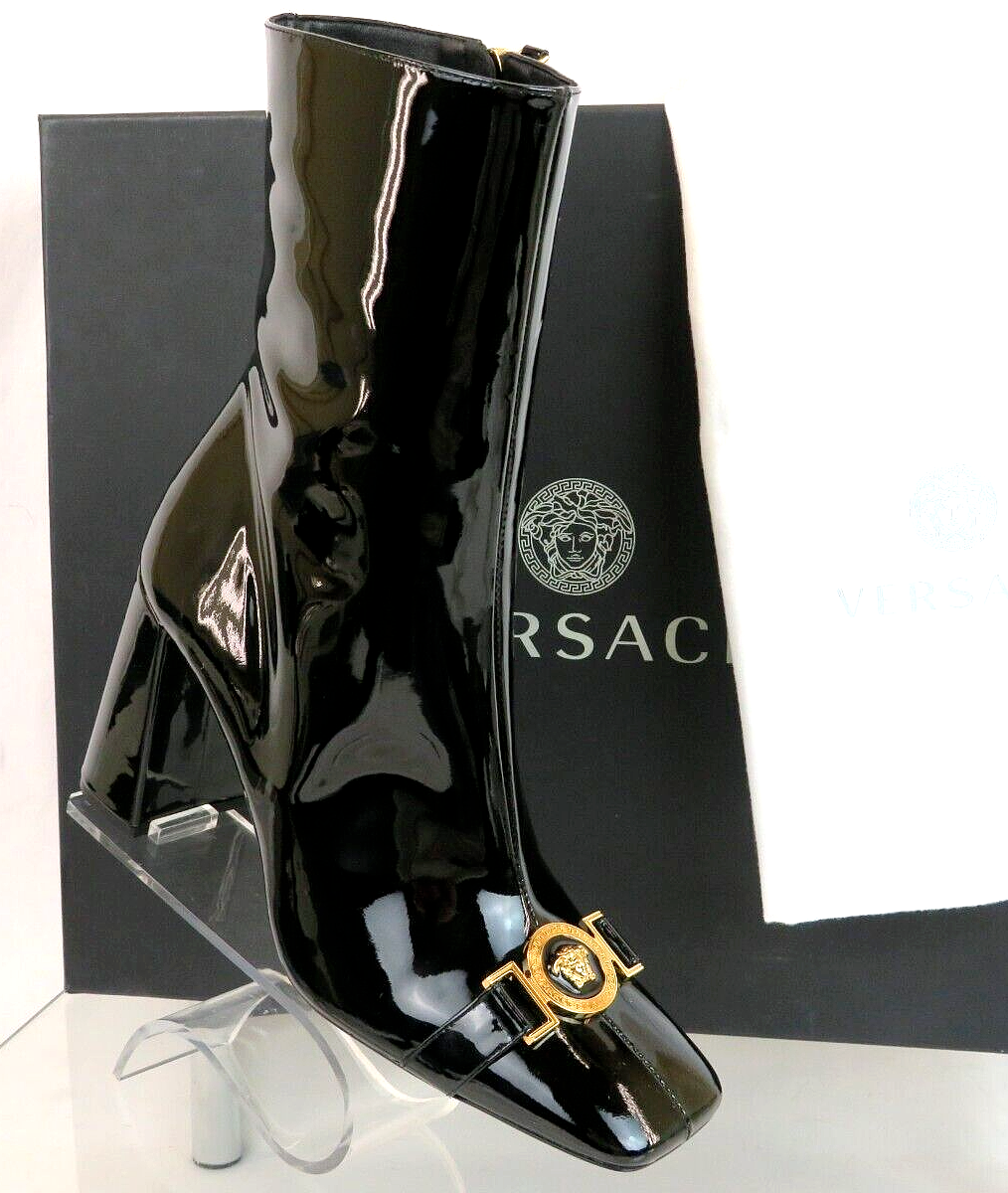 Pre-owned Versace $1300  Black Patent Leather Medusa Medallion Zip Heel Ankle Boots 39.5