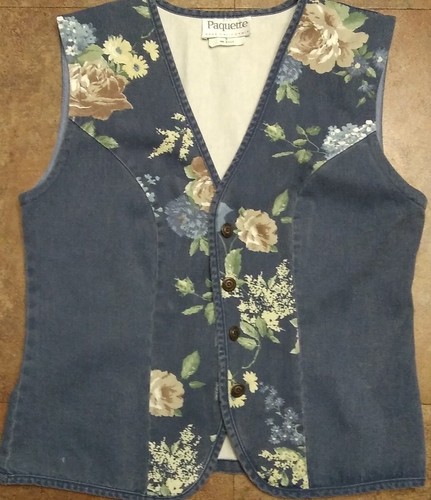 70s-80s France製 cotton vest PRESTIL VTG 80s Paquette Women S Blue Denim Floral Print Button Up