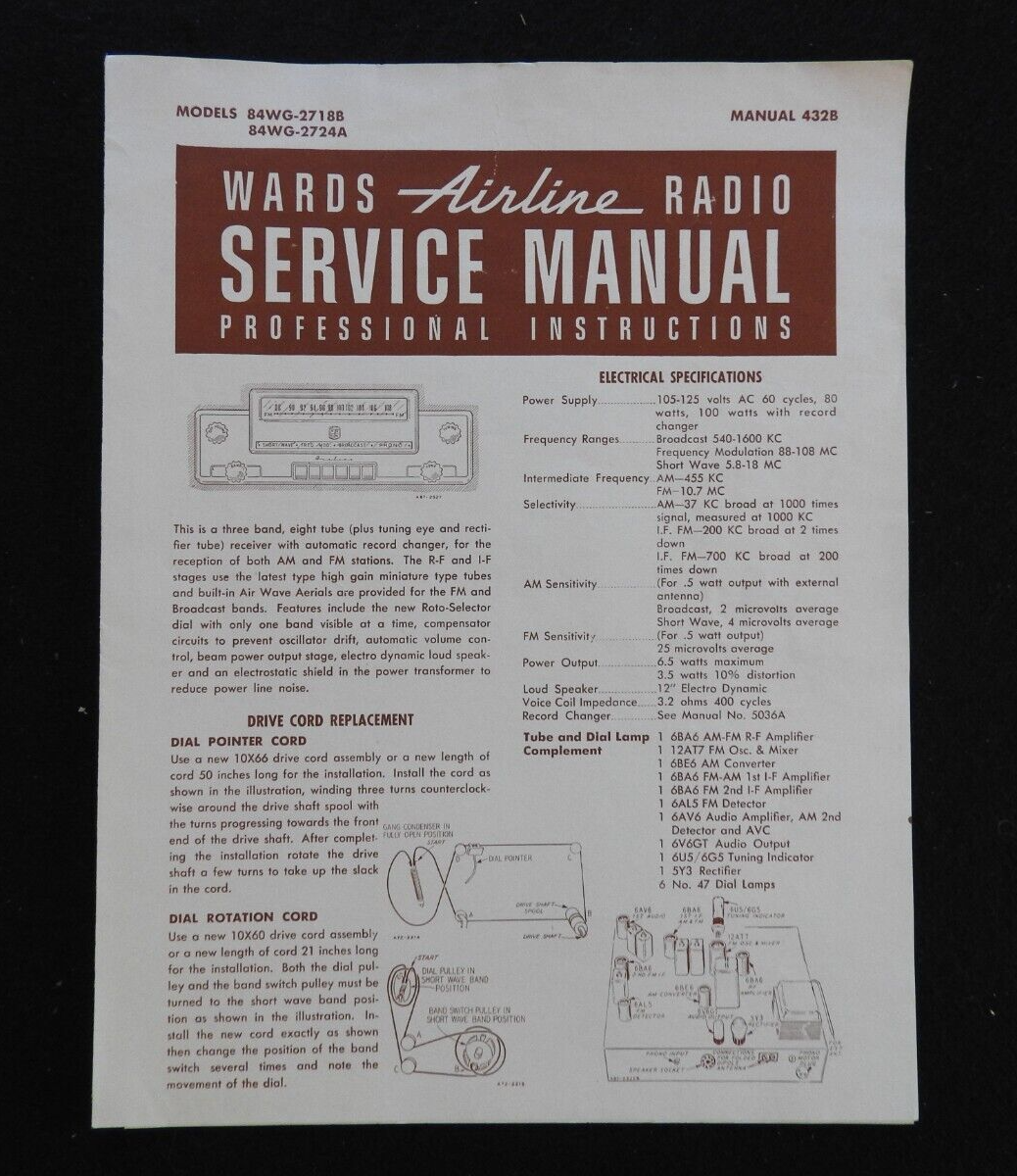 1940's Montgomery Wards Airline Console AM/SW Radio 84WG-2718B 84WG-2724A MANUAL