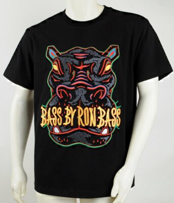Bass By Ron Bass T Shirt Black, Fully Embroidered Hippo Art, XL, 46'' Chest