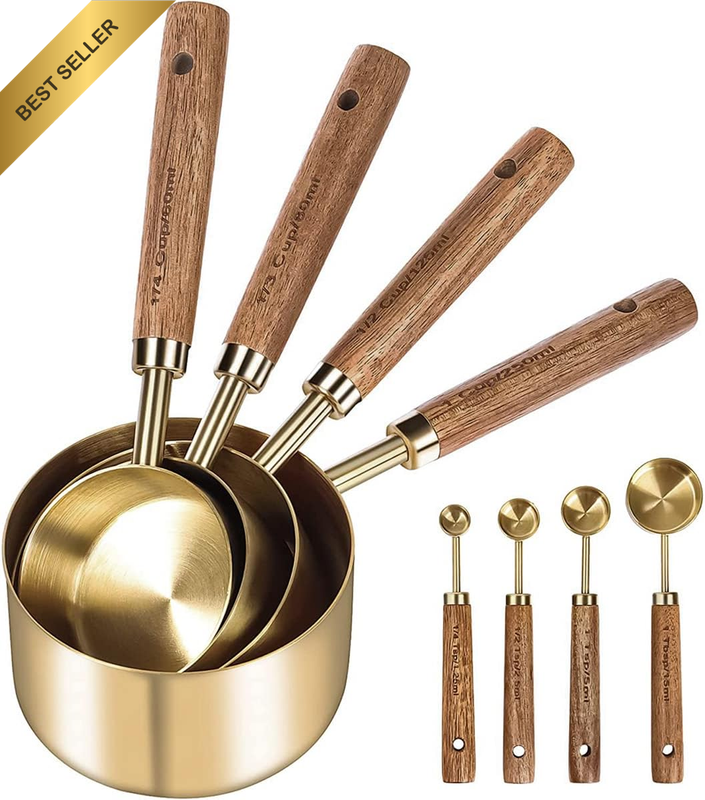 8 Pcs Gold Stainless Steel Measuring Cup & Spoon Set Wood Handle Stackable