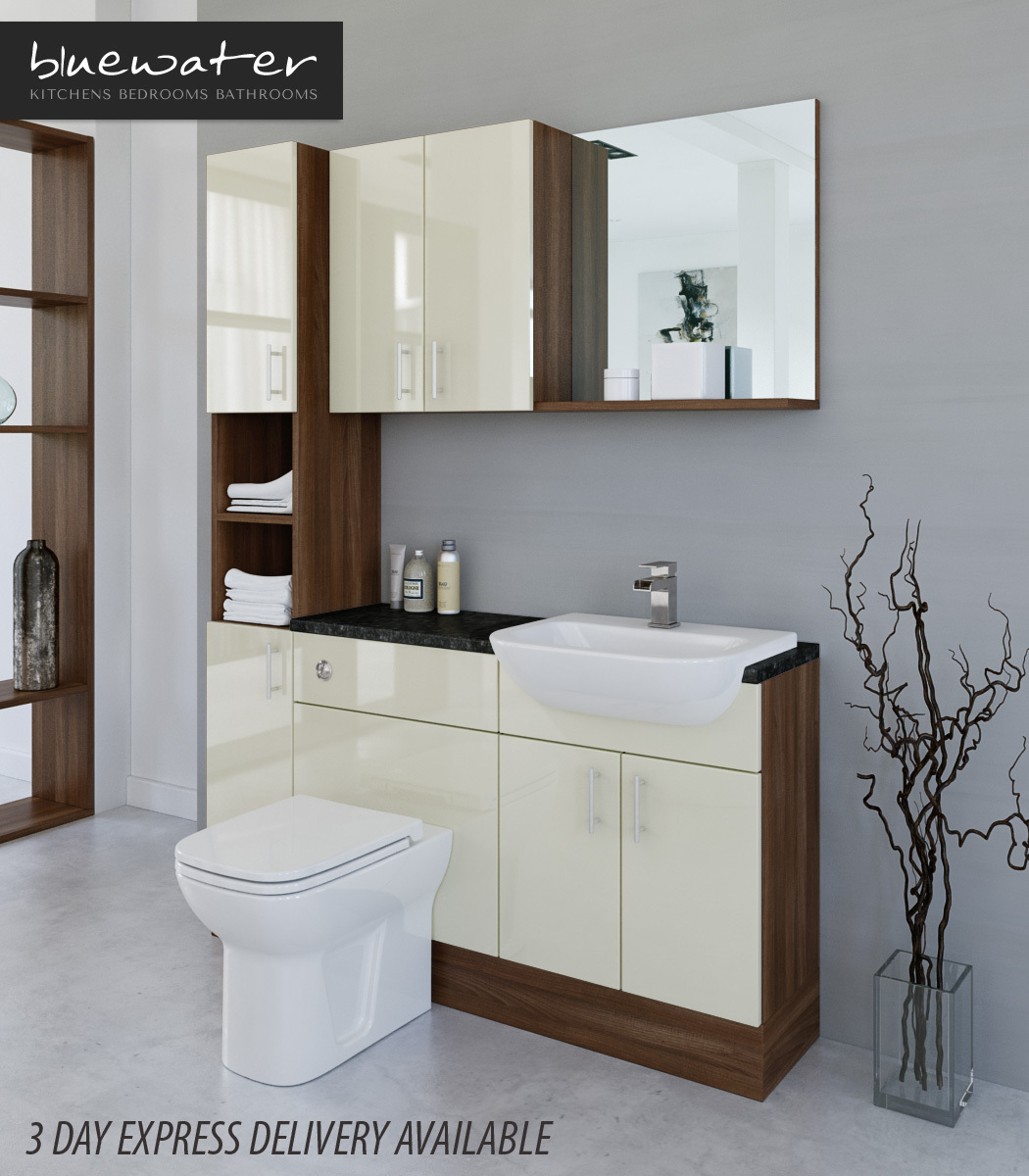 Cream A Walnut Bathroom Fitted Furniture 1500mm With Wall