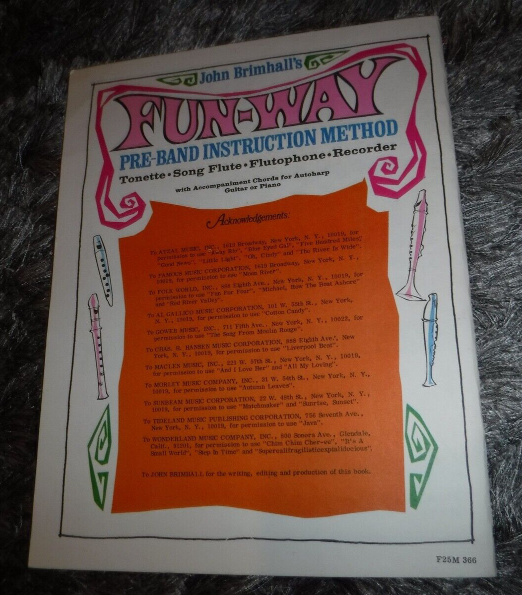 JOHN BRIMHALL'S FUN-WAY PRE-BAND INSTRUCTION METHOD ;FLUTE,TONETTE,RECORDER +