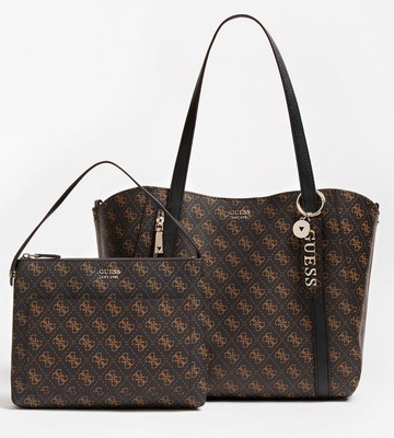 GUESS GUESS HWQL7881230 NAYA WOMENS TOTE BAG WITH 4G LOGO & METAL CHARM IN BROWN MULTI