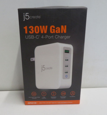 j5 Create JUP43130 130W GaN USB-C 4-Port Charger, White/Gray - NEW SEALED