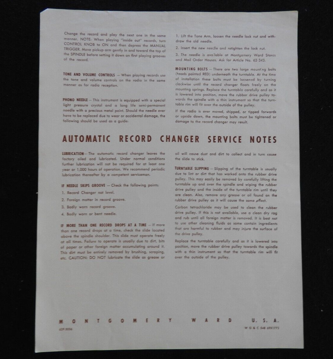 1940's Montgomery Wards Airline Console AM/SW Radio 84WG-2718B 84WG-2724A MANUAL