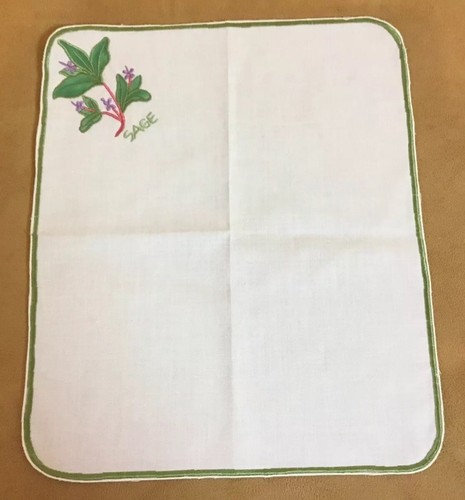 Eight Vintage Small Napkins, Herb Appliqué & Embroidery, Sage, White & Green