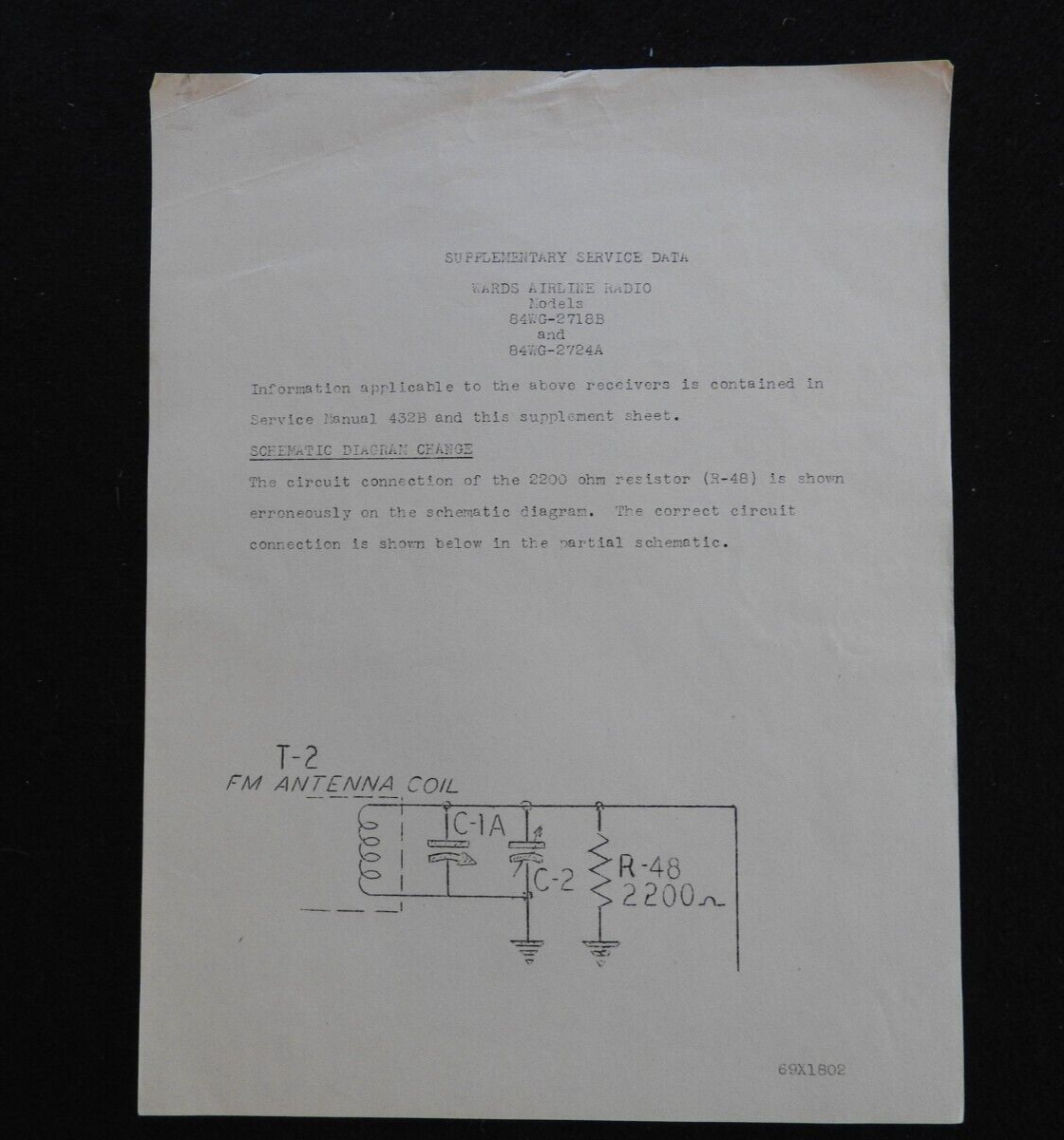 1940's Montgomery Wards Airline Console AM/SW Radio 84WG-2718B 84WG-2724A MANUAL