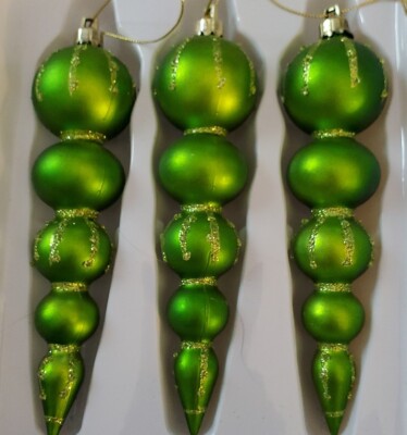 Green Glitter Christmas Ornaments Spheres Icicle Bubbles Enchanted Forest New