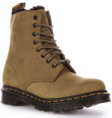 Pre-owned Dr. Martens Dr Martens 1460 Serena Fur Lined Leather Ankle Womens Boots Olive Green Us 4 - 9 In Olivegreen
