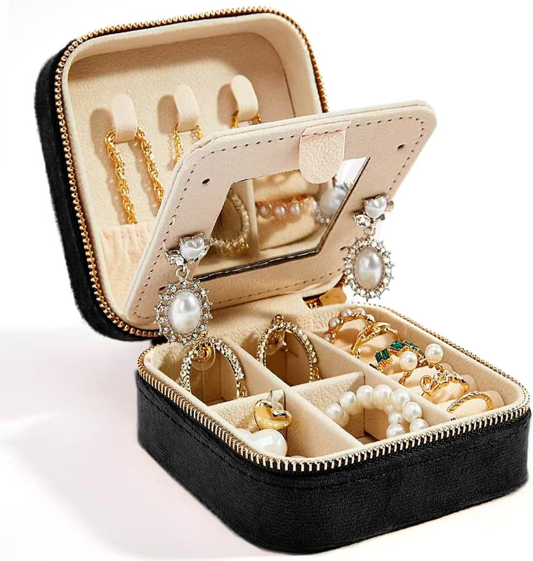 Travel Velvet Jewelry Box with Mirror, Mini Gifts Case  (Black)