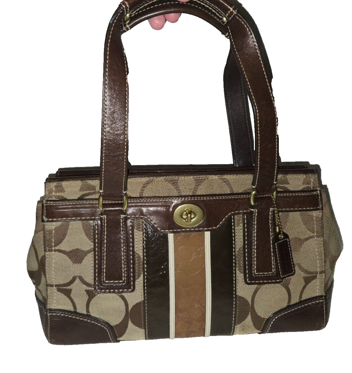 Vintage COACH Shoulder Bag Brown Leather & Jacquard Logo Vintage COACH Shoulder Bag Brown Leather & Jacquard Logo