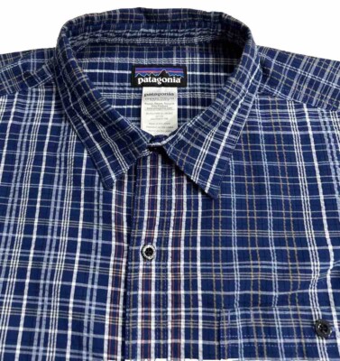 patagonia puckerware plaid organic cotton logo ss button up shirt men sz xl 116179718680