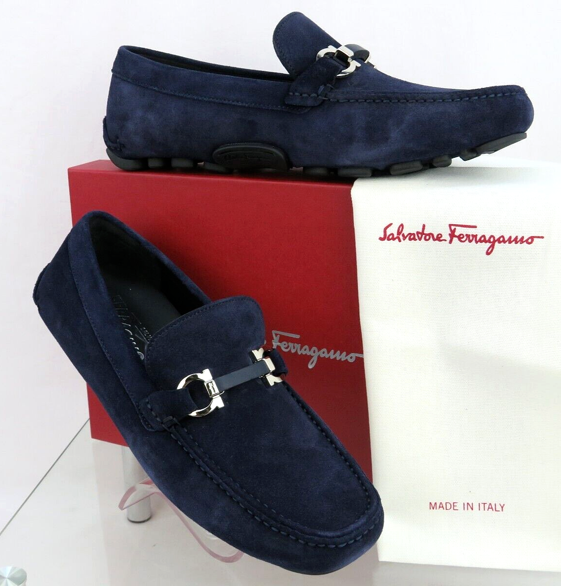 Pre-owned Ferragamo Salamanca Navy Suede Gancini Bit Moccasin Driving Loafers Us 9 Ee In Blue