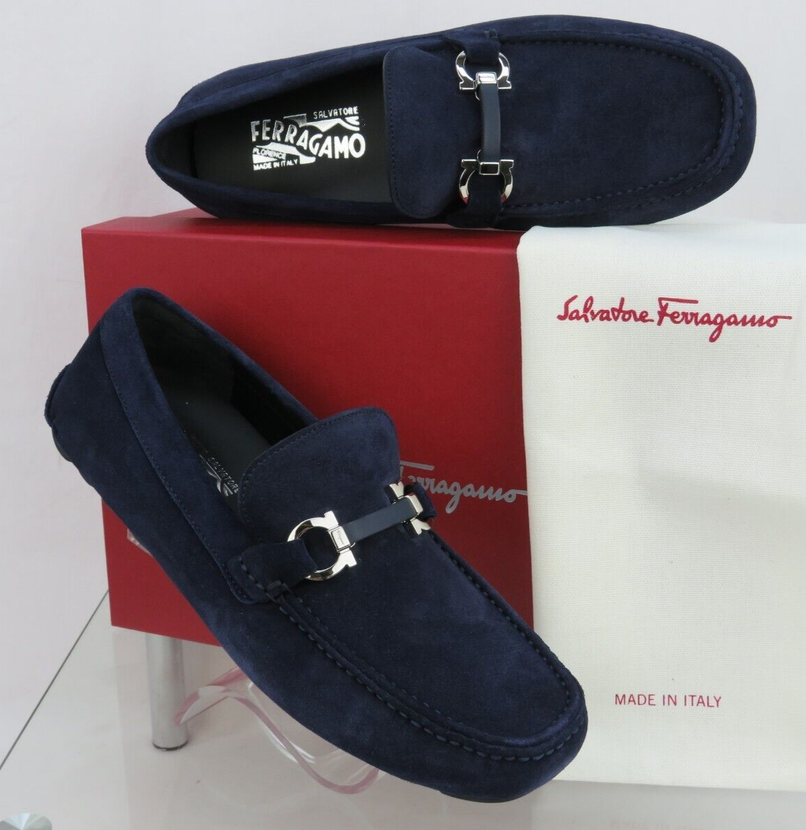 Pre-owned Ferragamo Salamanca Navy Suede Gancini Bit Moccasin Driving Loafers Us 9 Ee In Blue