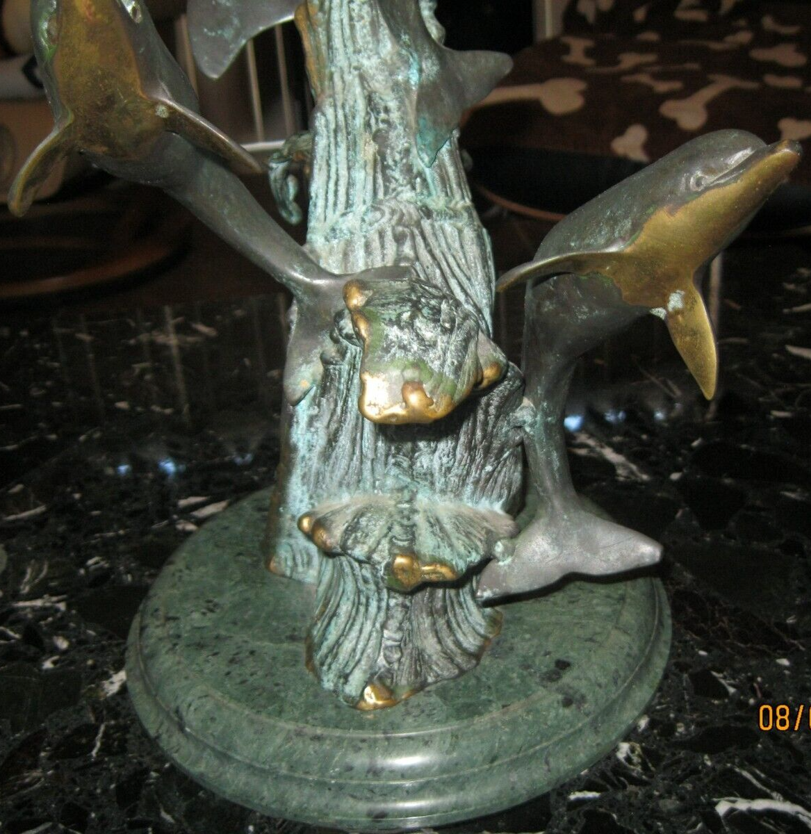 SPI Gallery Dolphin With Calves Brass Marble Base Sculpture
