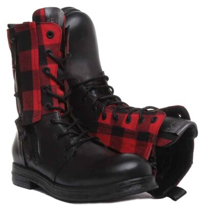 Pre-owned Replay Welkom Side Zip With Studd Lace Up Boot In Black Red Size Us 5 - 11