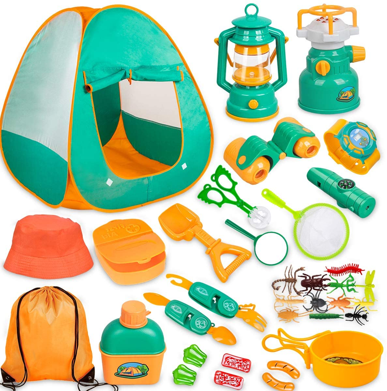 Kids Camping Set with Tent 30pcs, Camping Gear Tools, Pretend Play Set