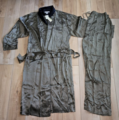 Vintage NWT NOS PERRY ELLIS Brown Gold Black 100% Silk Loungewear Robe Pants Set