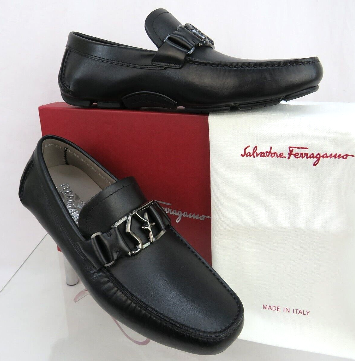 Pre-owned Ferragamo Peter Black Leather Sf Logo Buckle Moccasin Driving Loafers Us 10 D