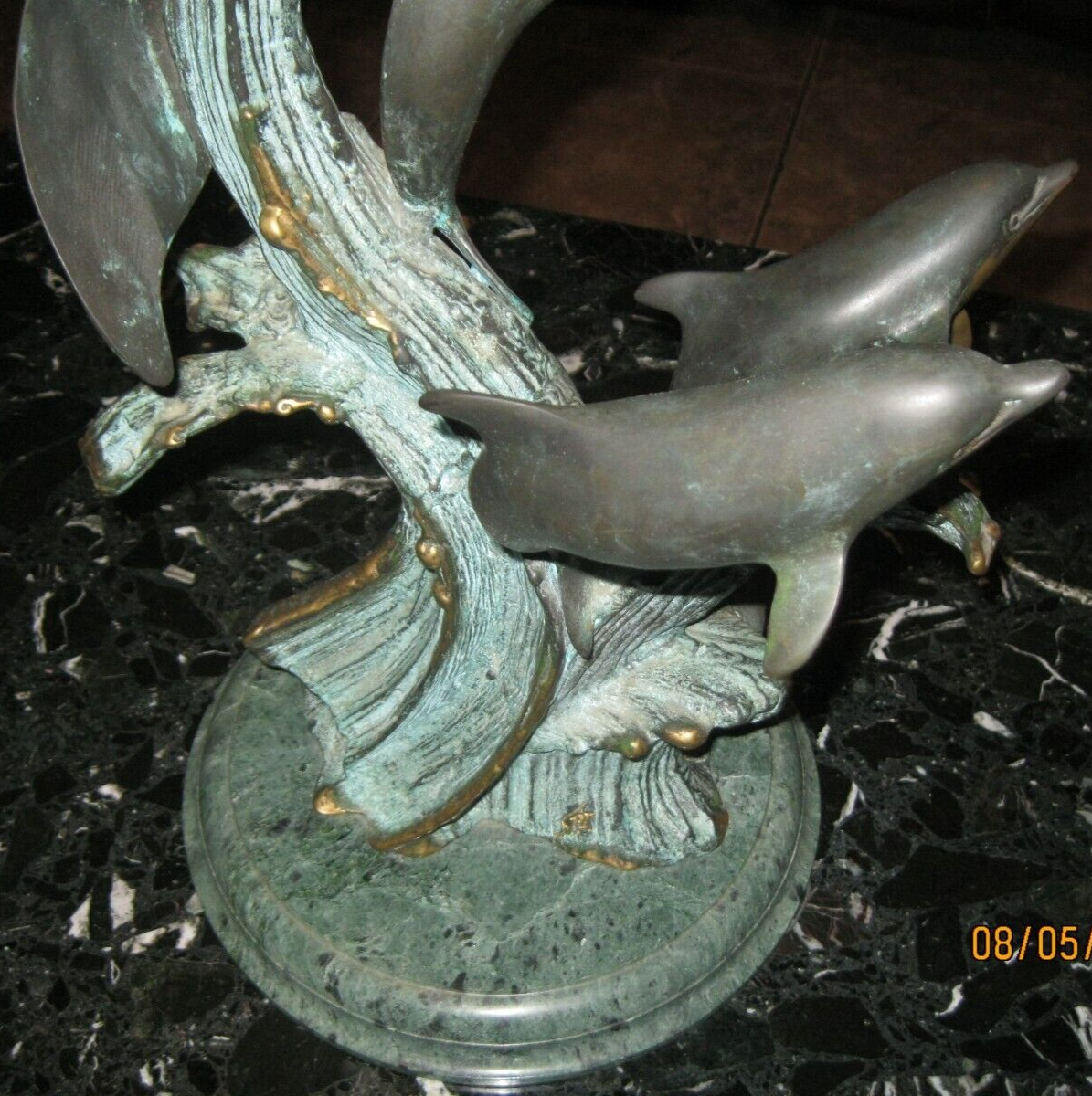SPI Gallery Dolphin With Calves Brass Marble Base Sculpture