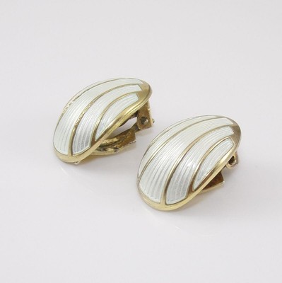 Vintage David Andersen Sterling Silver Modernist White Enamel Clip On Earrings