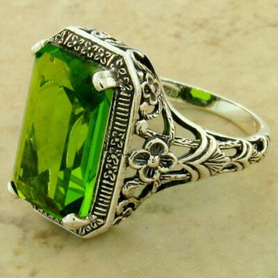 ART NOUVEAU STYLE 925 STERLING SILVER 5.5 CARAT SIMULATED PERIDOT RING     1134X
