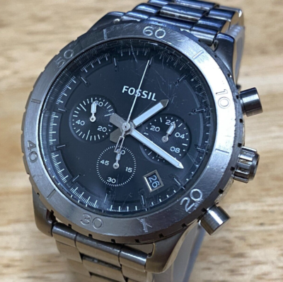 Fossil Quartz Watch CH 2814 Men 100m Silver Black Steel Chrono New Battery 7