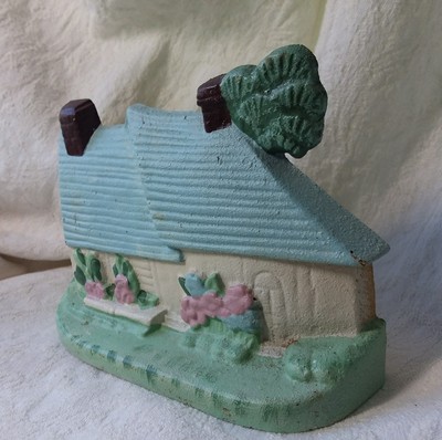 VINTAGE CAST IRON DOOR STOP Painted Cottage PASTELS Blue WHITE Green FLOWERS
