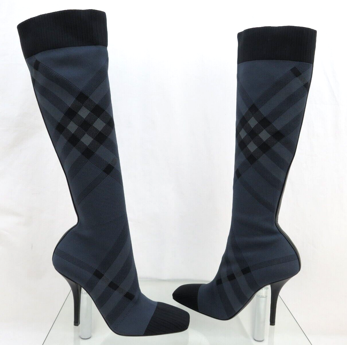 Pre-owned Burberry $1000  Dolman Navy Gray Knitted Check Knee High Heel Sock Boots 37