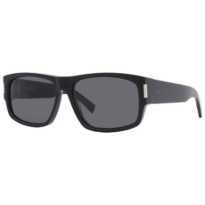 Pre-owned Saint Laurent Dark Grey Rectangular Men's Sunglasses Sl 689 001 59 In Gray