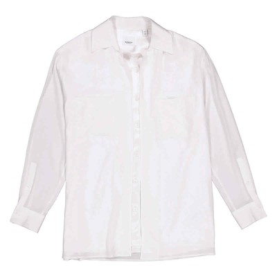 Pre-owned Burberry Ladies Optic White Logo Applique Silk Satin Oversized Shirt, Brand Size