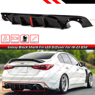FOR 2018-24 INFINITI Q50 GLOSS BLACK REAR BUMPER DIFFUSER W/ V2 LED BRAKE LIGHT