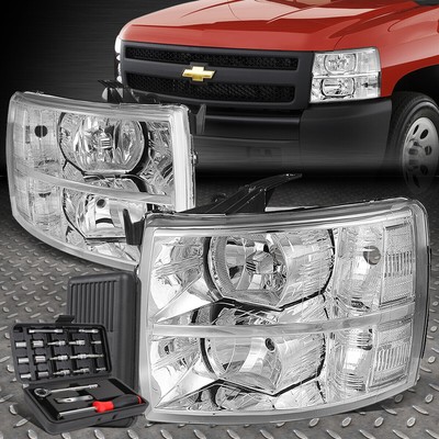 ДЛЯ 07-14 CHEVY SILVERADO ХРОМИРОВАННЫЙ КОРПУС, ПРОЗРАЧНЫЕ УГЛОВЫЕ ЛАМПЫ ФАР + НАБОР ИНСТРУМЕНТОВ