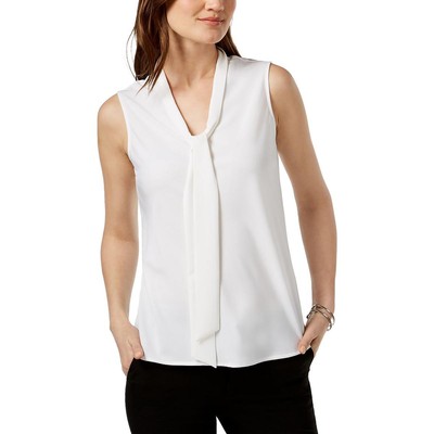 Kasper Womens White Banded Collar Tie Neck Shell Shirt Petites PM BHFO 5999