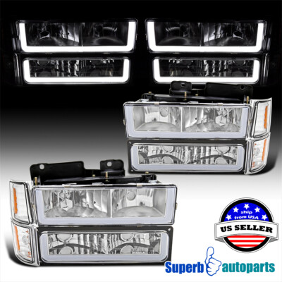 Fits 94-98 Chevy C10 C/K 1500 2500 3500 Headlights LED Strip+Bumper Corner Lamps
