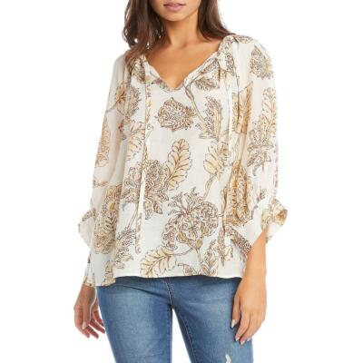 

Karen Kane Женская блузка с принтом и завязками на шее BHFO 4592, Ivory multi