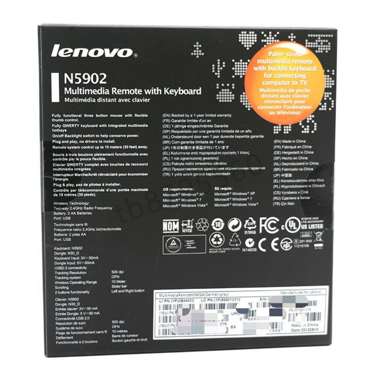 Lenovo N5902 Multimedia Remote Keyboard Mouse For PC TV Laptop（German keyboard）