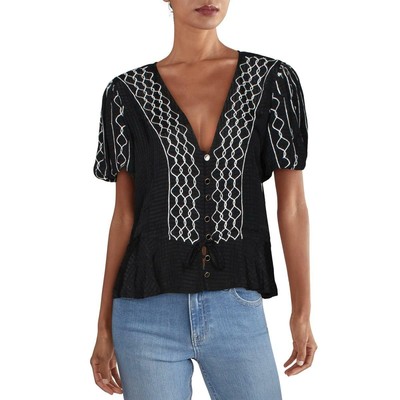 

Rahi Womens Marina Date Вышитая блузка с V-образным вырезом и пышными рукавами Топ BHFO 8286, Black/white