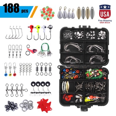 188Pcs Fishing Accessories Tackle Kit Swivels Snaps Sinker Slides Hooks Floats