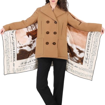 Pre-owned Burberry Brown Mariner Print Blanket Detail Technical Wool Pea Coat