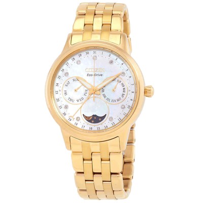 Pre-owned Citizen Calendrier Moon Phase Diamond White Mop Dial Ladies Watch Fd0002-57d